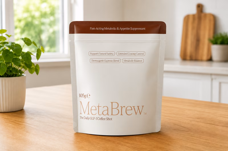 Una trabajadora de oficina fatigada que experimenta neblina mental y baja energía, necesitando un impulso de salud y bienestar de Metabrew.